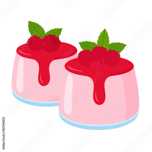 Two pink panna cotta desserts with dripping raspberry sauce, fresh berries, and mint.