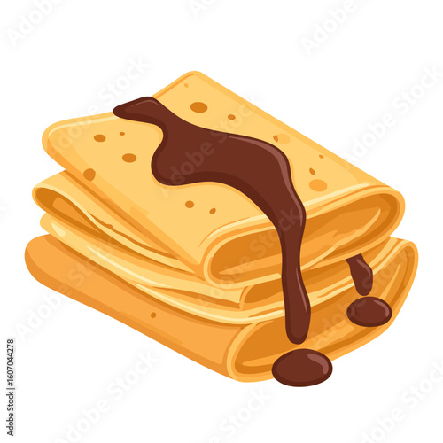 Delicious stack of folded golden crepes with a generous drizzle of melted chocolate sauce.