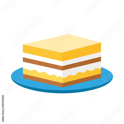 Square slice of layered cake with yellow sponge, chocolate, and white cream, served on a blue plate.