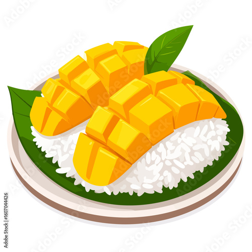 Vibrant illustration of Thai mango sticky rice with ripe, cubed mango on a bed of glutinous rice, served on a leaf-lined plate.