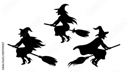 Set Of Flying Witch Silhouettes on Broomsticks