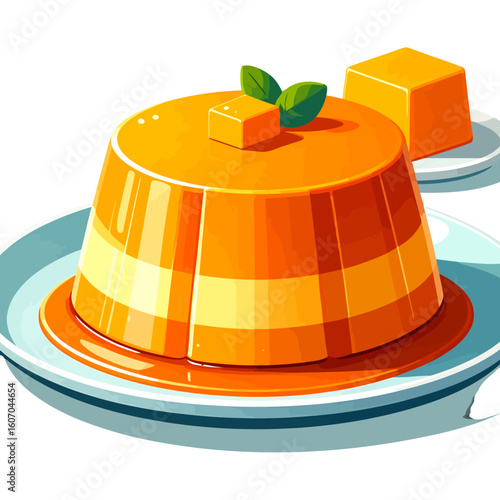Vibrant layered orange pudding with a glossy syrup glaze, garnished with mint leaves.
