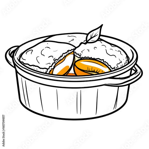 Stylized line art of a savory rice porridge in a bowl, with orange preserved egg slices and a single leaf garnish.