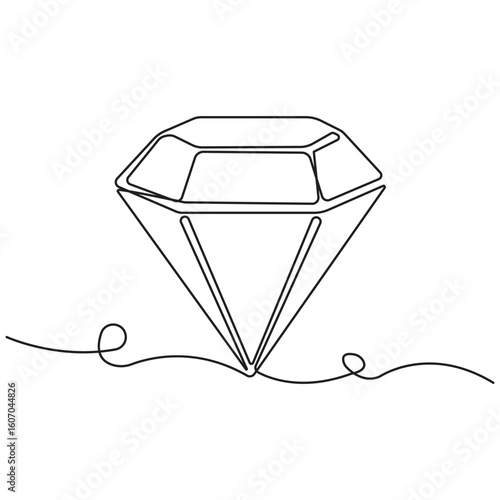 Minimalist one line drawing of diamond gemstone, modern continuous line art, simple black outline, luxury jewelry icon, isolated on white background illustration.