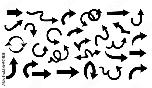A collection of various black arrow silhouettes vector.
