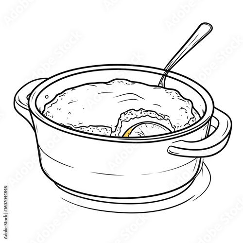 Sketch illustration of a creamy lemon pudding in a pot with a spoon and a yellow citrus slice.
