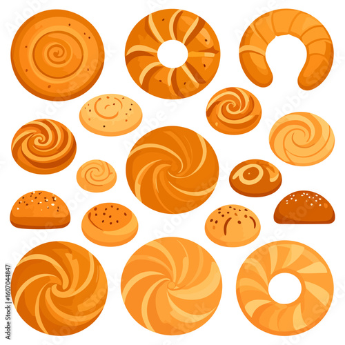 Assortment of cartoon-style baked bread, buns, and pastries with swirls and seeds.