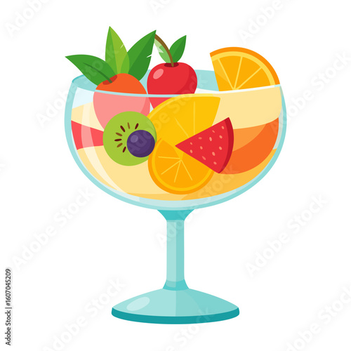 A vibrant fruit salad in a stemmed glass bowl, featuring sliced orange, kiwi, and a cherry on top.