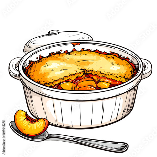A vibrant, hand-drawn illustration of a freshly baked peach cobbler with a golden crust in a white ceramic dish, with a peach slice on a spoon.