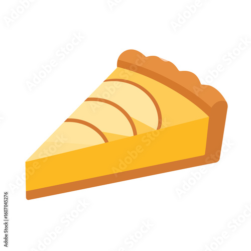 Isometric slice of apple pie with a golden fluted crust and layered apple topping.
