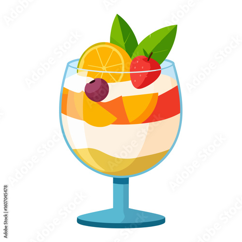 Vibrant fruit parfait dessert in a stemmed glass, topped with orange, strawberry, and mint.