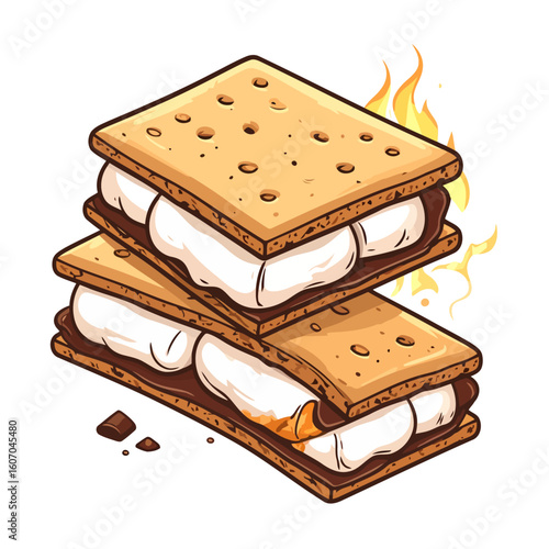 Stylized illustration of two stacked s'mores with gooey toasted marshmallows and melting chocolate, depicted with flames.