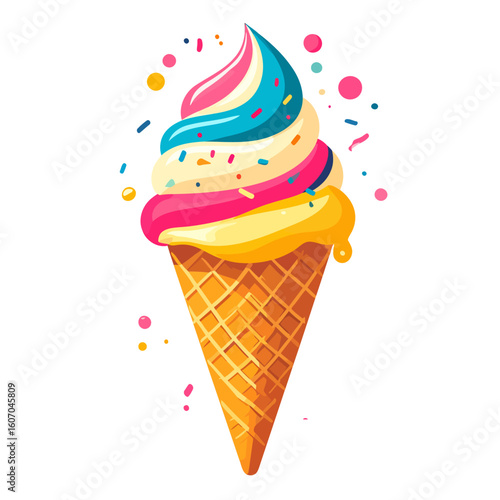Vibrant multi-colored soft serve ice cream cone with festive sprinkles.