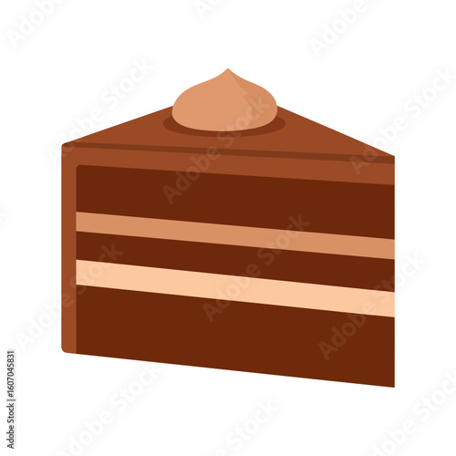 Slice of multi-layered chocolate cake with creamy frosting and a dollop on top.