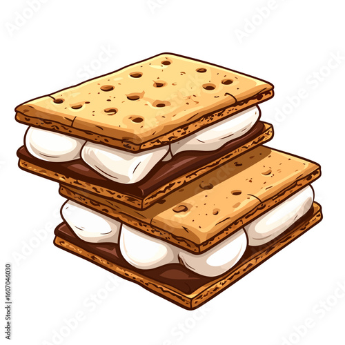 A delicious double-decker s'more illustration with gooey chocolate and puffy marshmallows, stacked high.