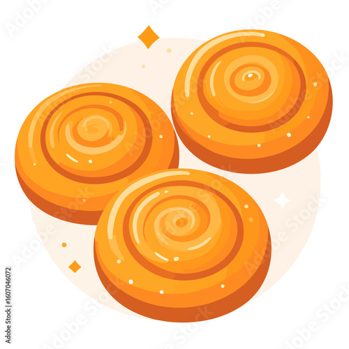 Trio of glossy orange butterscotch hard candies with a concentric swirl design and sparkling highlights.