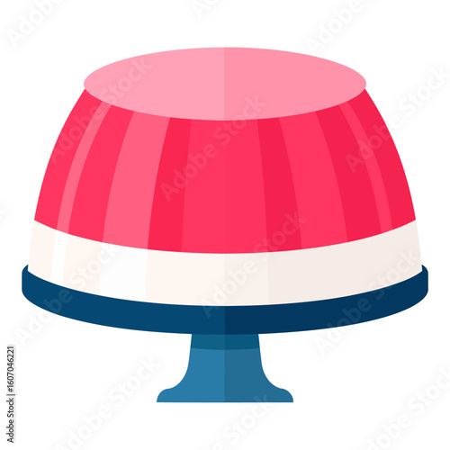 Molded pink and white layered jelly dessert on a blue pedestal stand.