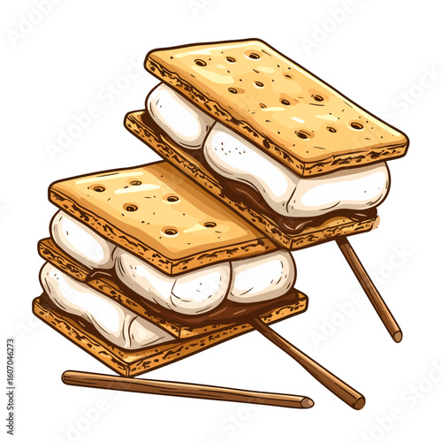 Deliciously stacked s'mores with toasted marshmallows and melted chocolate, illustrated on sticks.