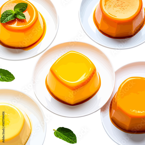 A delicious assortment of golden caramel flan puddings, served on white plates with fresh mint garnish.