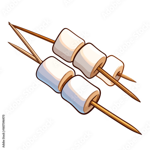 Two wooden skewers with fluffy white marshmallows ready for roasting, cartoon style.