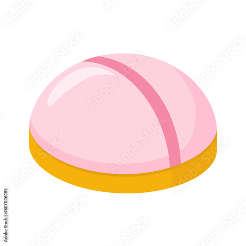 Glossy pink dome-shaped cake with a decorative stripe on a golden yellow biscuit base.