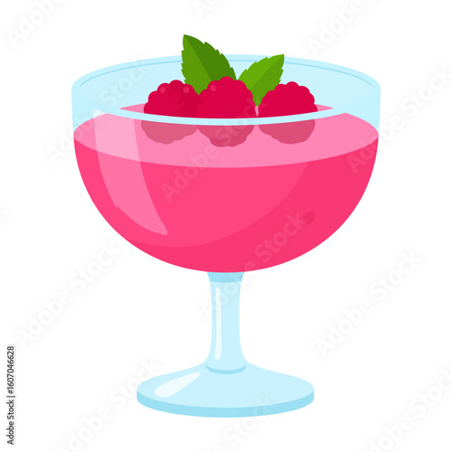 Pink raspberry jelly dessert in a stemmed glass bowl, garnished with fresh berries and mint leaves.
