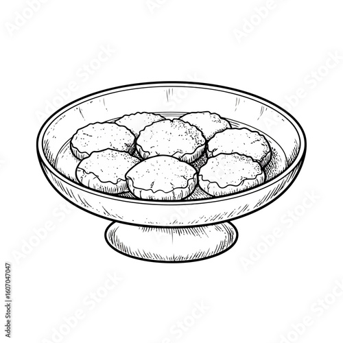 A hand-drawn sketch of round, spongy dessert patties soaking in a sweet liquid in a pedestal bowl.