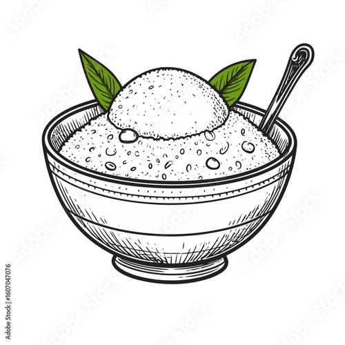 Vintage engraved illustration of a bowl of porridge with a scoop, garnished with two green leaves.