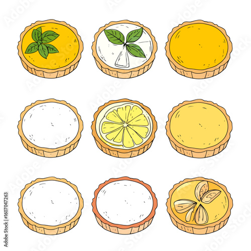 Hand-drawn illustration set of various mini tarts with fluted crusts, lemon, and basil toppings.