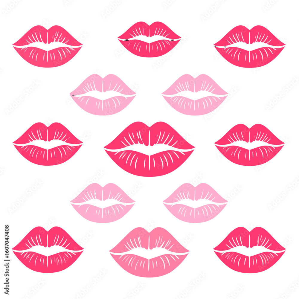 Obraz premium A collection of stylized pink and red lipstick kiss prints with white texture lines, forming a decorative pattern.