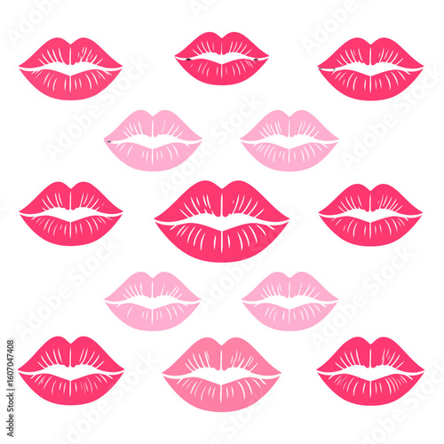A collection of stylized pink and red lipstick kiss prints with white texture lines, forming a decorative pattern.