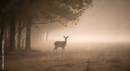 Deer in misty forest field at sunrise tranquil wildlife scene
