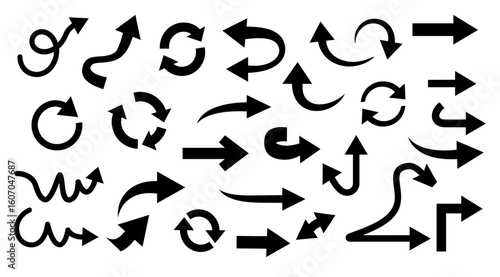 A collection of various black arrow silhouettes vector.