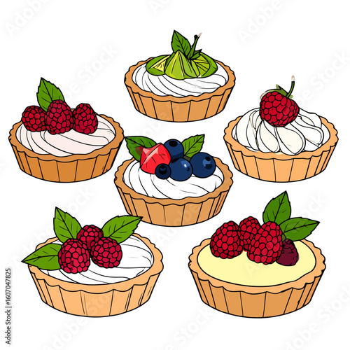 Colorful collection of hand-drawn fruit tartlets with cream, fresh berries, and lime