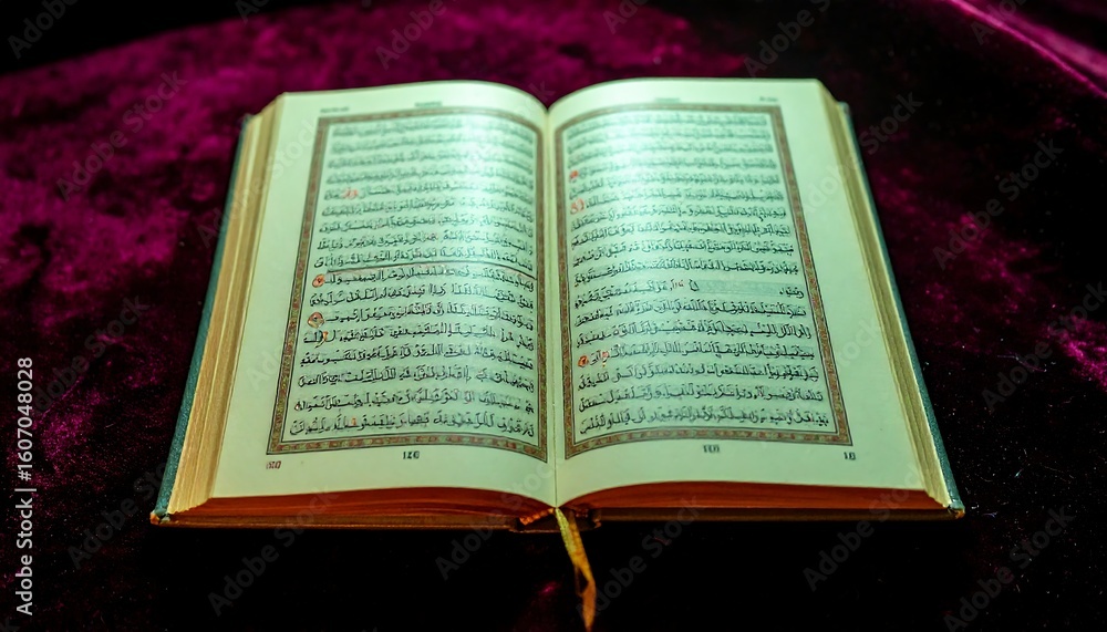 Obraz premium Open Quran on velvet background showcases Islamic scripture and tradition in a spiritual setting