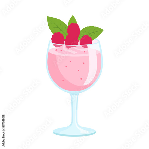 Creamy pink raspberry mousse in a stemmed glass, garnished with fresh berries and mint leaves. A sweet dessert illustration.