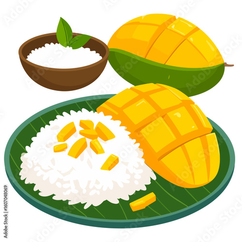 Sweet Thai Mango Sticky Rice dessert with ripe, scored mango and coconut cream sauce on a banana leaf plate.