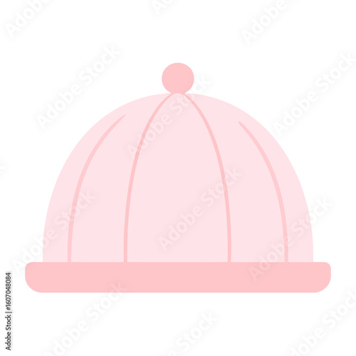 A simple, light pink baby beanie hat with a dome shape, vertical seams, and a small pom-pom on top.