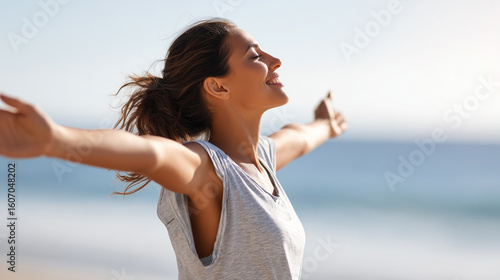 Joyful woman with outstretched arms enjoys the sunshine and fresh air on a beach.