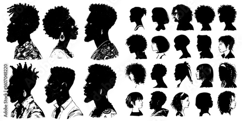 A vast collection of women's and men's haircuts, hairstyles set against a white background