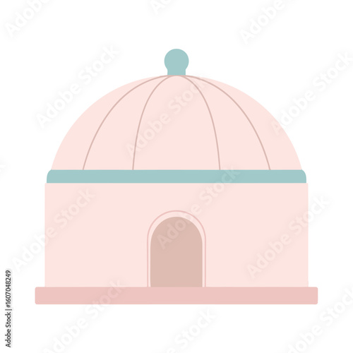 Minimalist pastel pink domed building with a teal accent and an arched doorway.