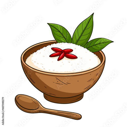 Illustrated wooden bowl of white rice with a red goji berry garnish, green leaves, and a spoon.