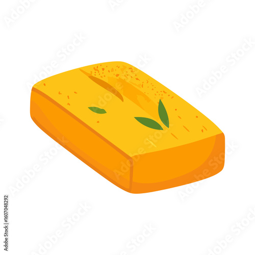 Golden yellow loaf of cornbread or pound cake with a scored top, garnished with fresh green leaves and sprinkles.