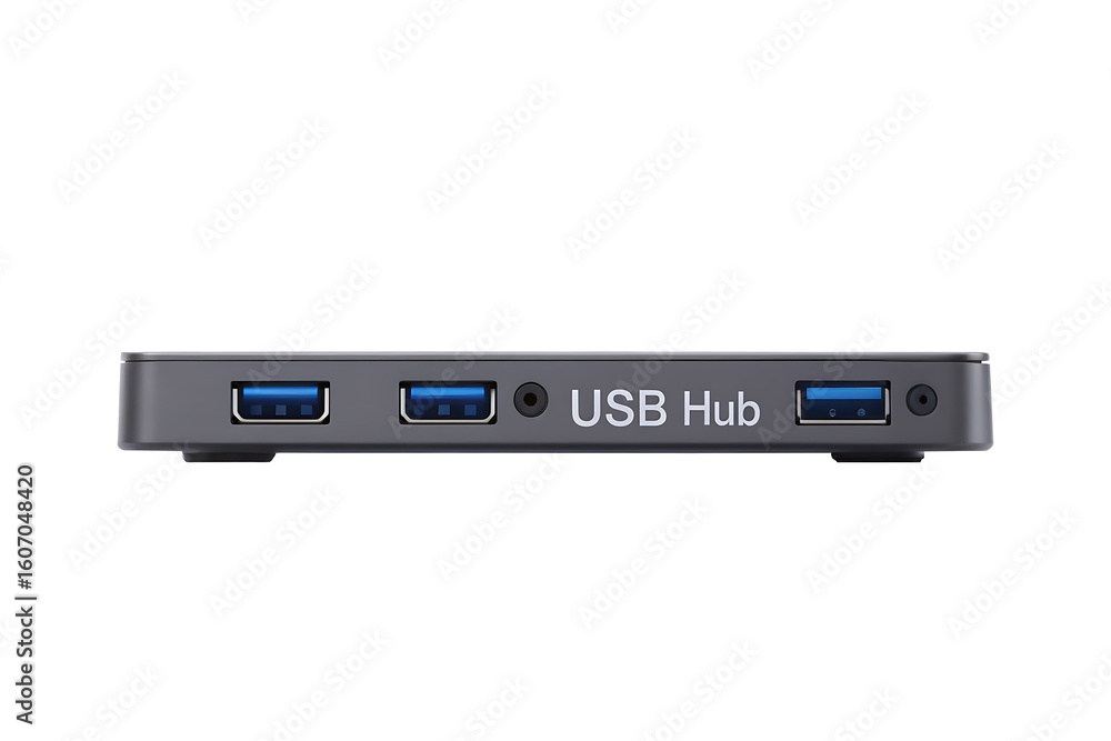 Gray U S B hub with blue ports isolated on a transparent background usb hub technology Gray U S B hub with blue ports isolated on a transparent background usb hub technology
