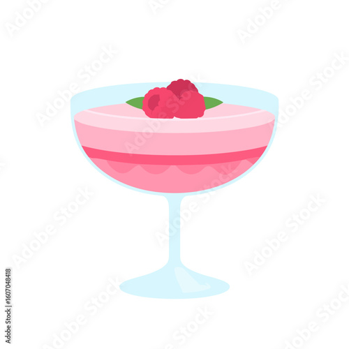 Layered pink raspberry mousse dessert in a coupe glass, garnished with fresh berries and mint leaves.