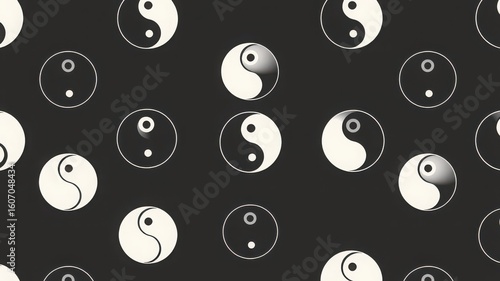 Yin yang symbols in a pattern on a black background creating a balanced and harmonious composition