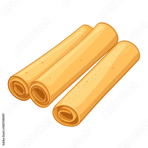 Three golden-yellow rolled crepes, a stack of thin pancakes in a clean cartoon illustration style.