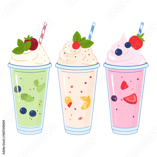 A vibrant cartoon illustration of three fruit milkshakes with whipped cream, fresh berries, mint, and straws.