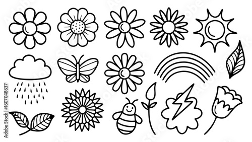 Hand drawn nature doodles collection. Simple black outline drawings.
