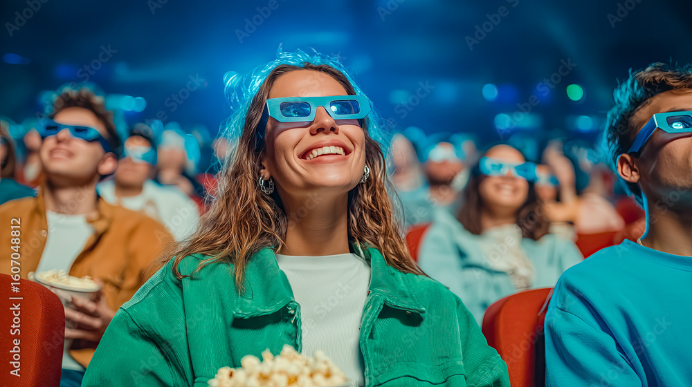 Obraz premium Indoor movie theater scene, several young people watching a movie together, holding popcorn in their arms, wearing 3D glasses, a relaxed and happy atmosphere